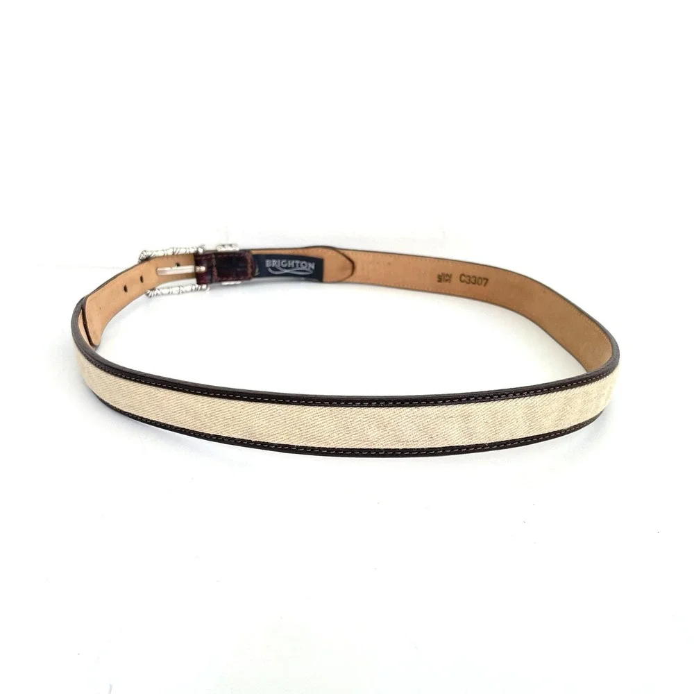 Brighton Womens Brown Croc Embossed Leather Canvas Belt Silver Buckle Size 32